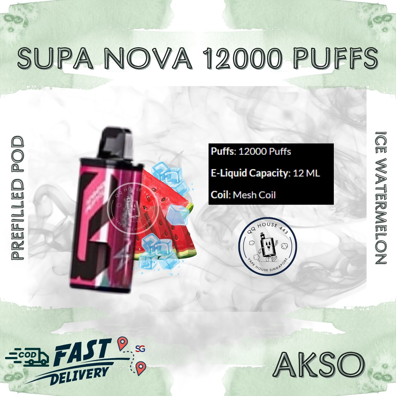 Ice Watermelon Akso Supa Nova 12000 Puffs prefilled pod disposable vape
