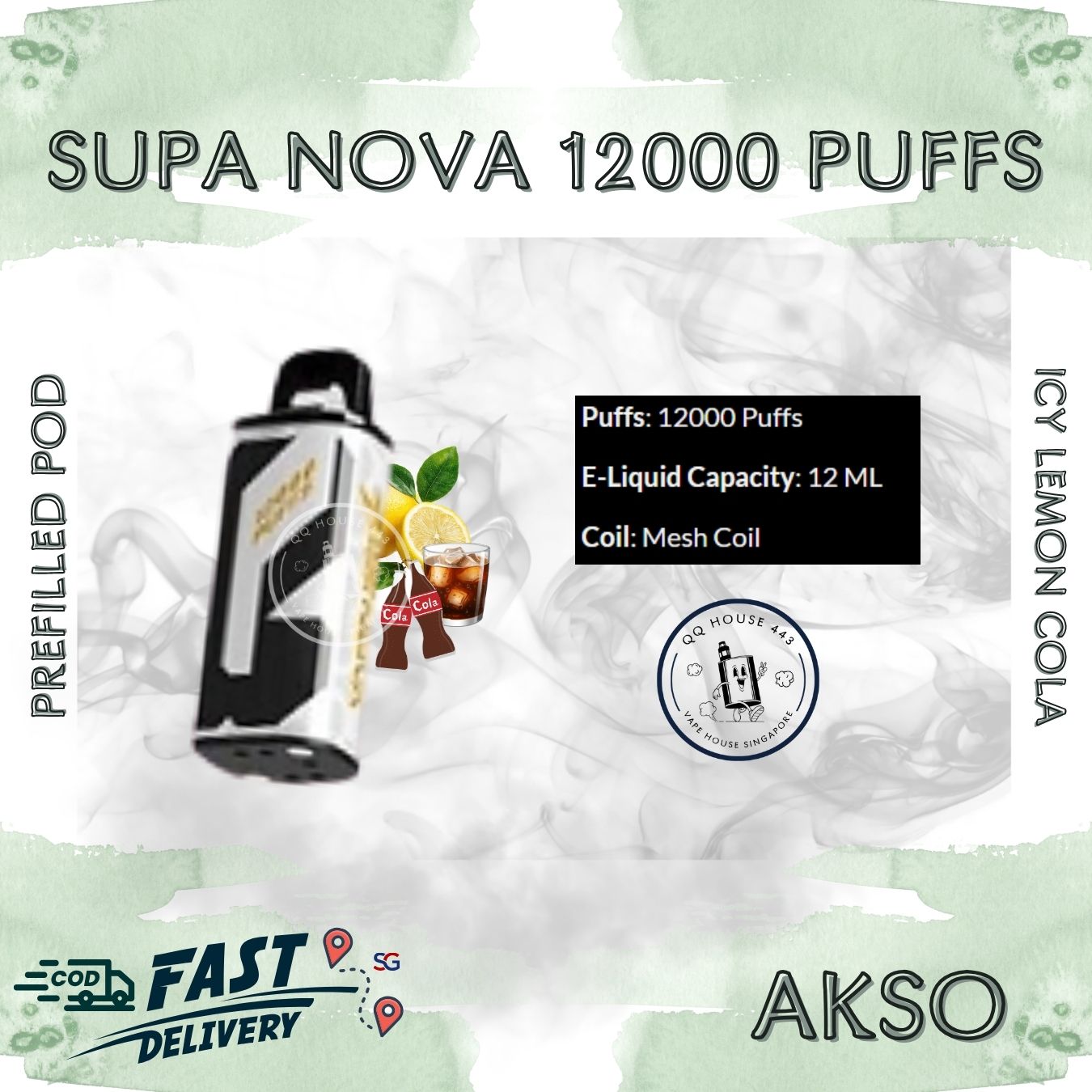 Icy lemon Cola Akso Supa Nova 12000 Puffs prefilled pod disposable vape
