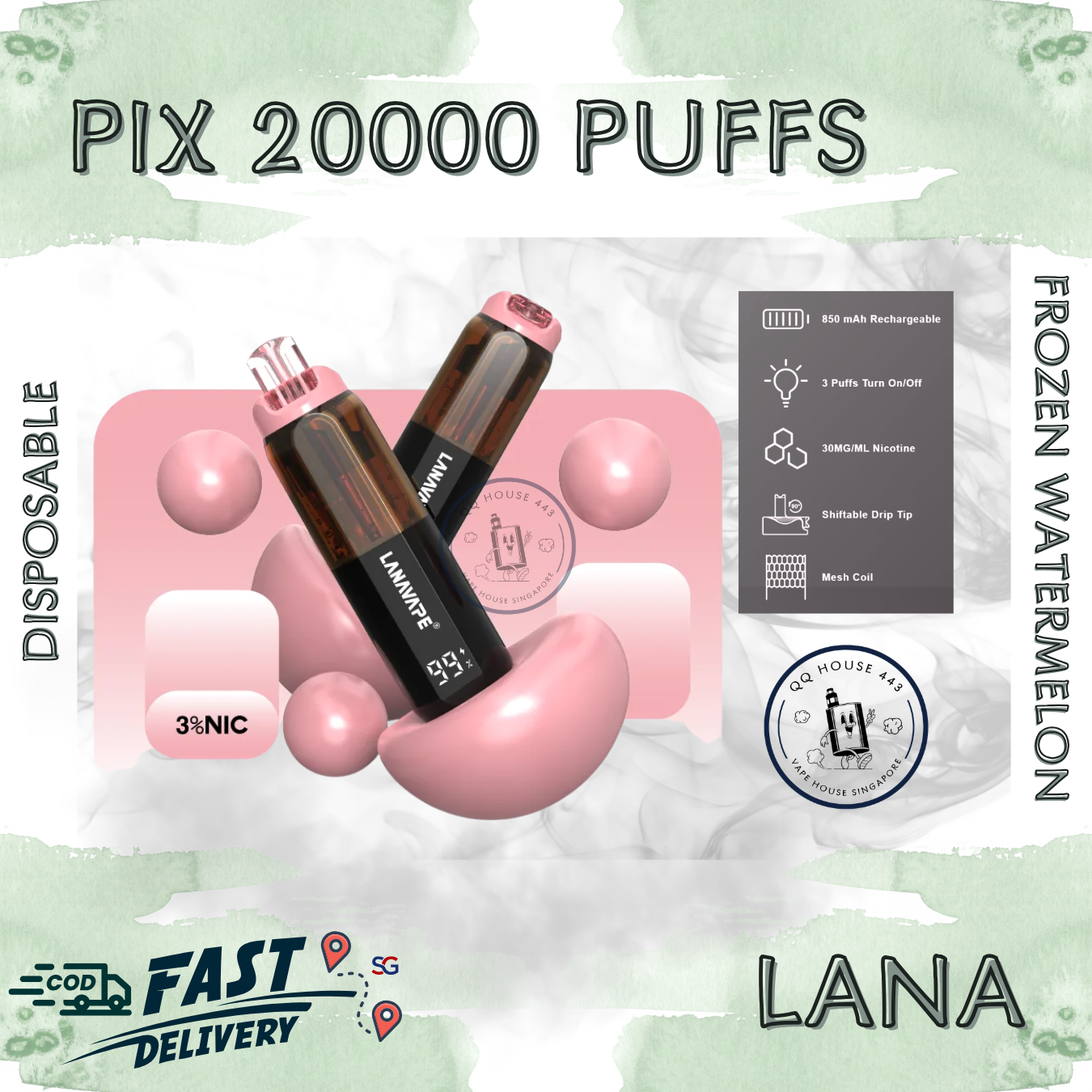 Lana Pix 20000 Frozen Watermelon disposable vape with 20000 puffs and LED screen