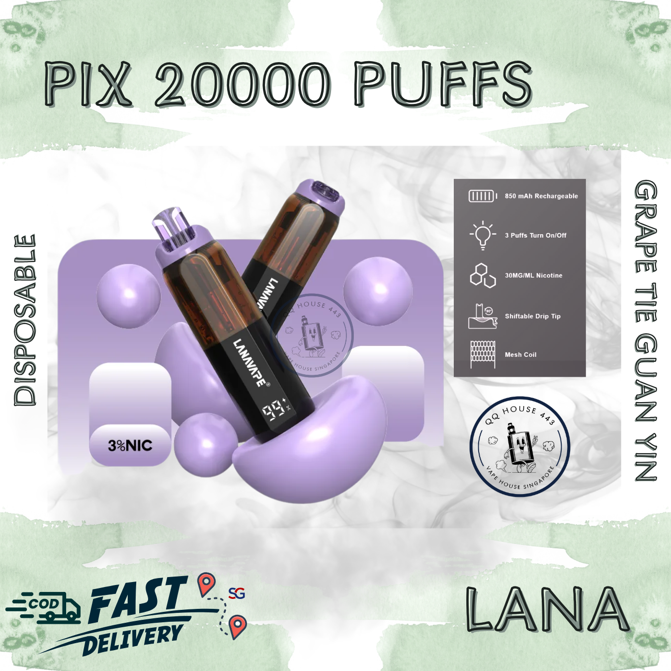 Lana Pix 20000 Grape Tie Guan Yin  disposable vape with 20000 puffs and LED screen