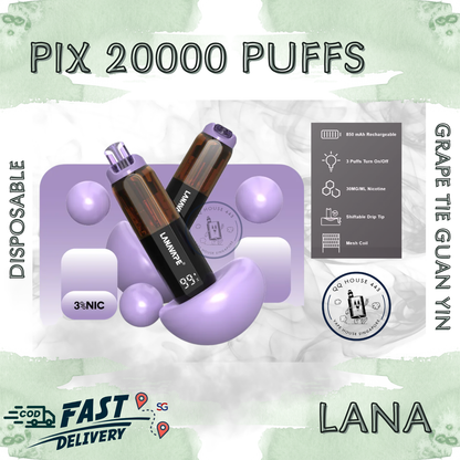 Lana Pix 20000 Grape Tie Guan Yin  disposable vape with 20000 puffs and LED screen