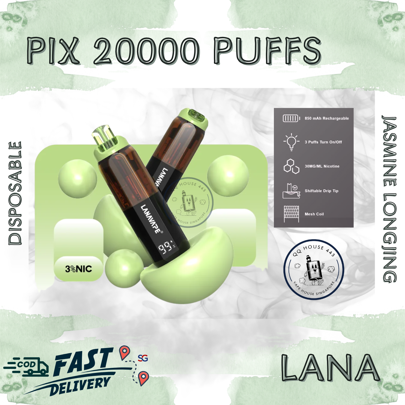 Lana Pix 20000 Jasmine Longjing disposable vape with 20000 puffs and LED screen
