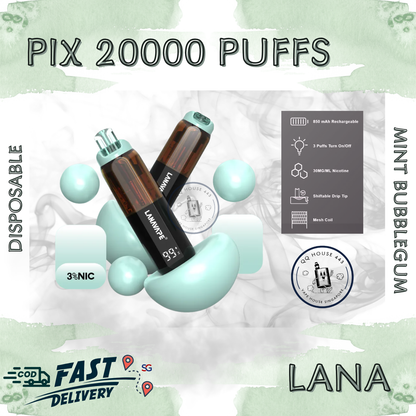Lana Pix 20000 Mint Bubblegum  disposable vape with 20000 puffs and LED screen