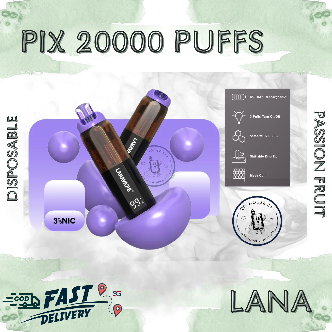 Lana Pix 20000 Passion Fruit  disposable vape with 20000 puffs and LED screen