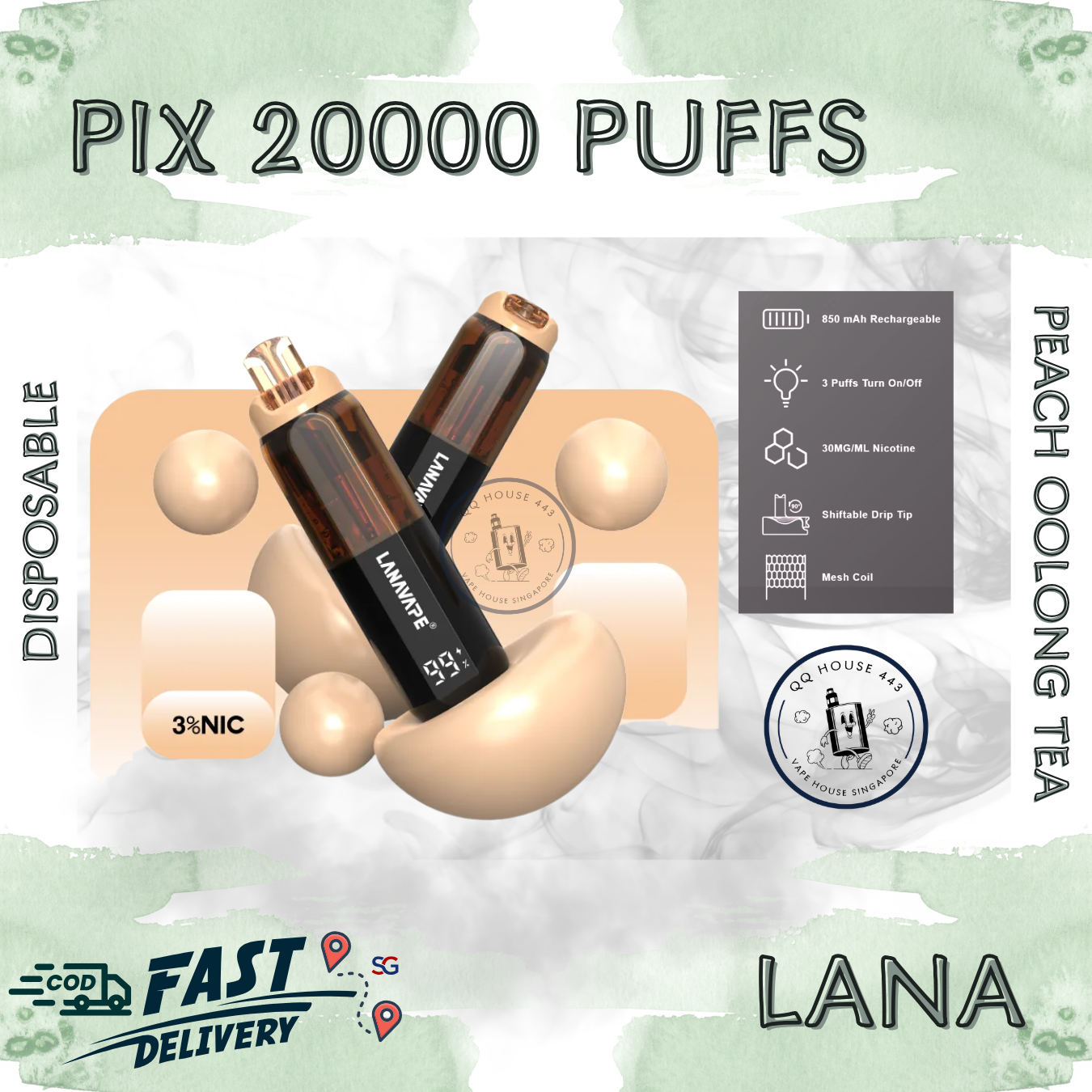 Lana Pix 20000 Peach Oolong Tea  disposable vape with 20000 puffs and LED screen