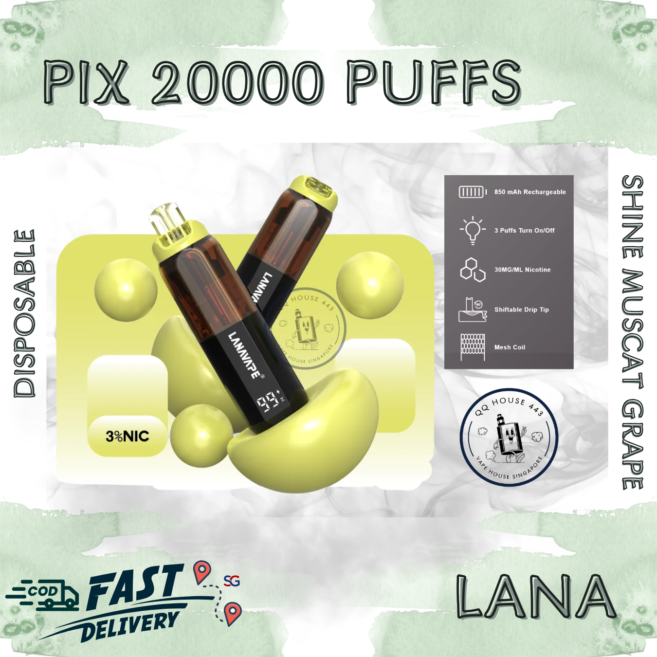 Lana Pix 20000 Shine Muscat Grape  disposable vape with 20000 puffs and LED screen