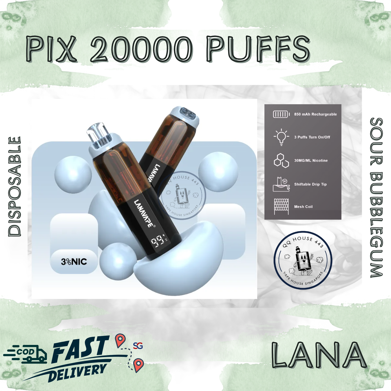 Lana Pix 20000 Sour Bubblegum disposable vape with 20000 puffs and LED screen
