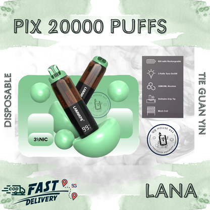 Lana Pix 20000 Tie Guan Yin disposable vape with 20000 puffs and LED screen