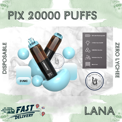 Lana Pix 20000 Zero Lychee disposable vape with 20000 puffs and LED screen