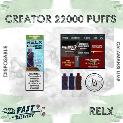 RELX Creator 22000 puffs disposable vape device packaging with calamansi lime flavor from SG VAPE HOUSE QQ 443