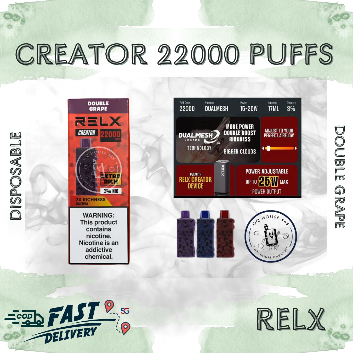 RELX Creator 22000 puffs disposable vape device packaging with double grape flavor from SG VAPE HOUSE QQ 443.