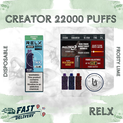 RELX Creator 22000 puffs disposable vape device packaging with frosty lime flavor from SG VAPE HOUSE QQ 443.