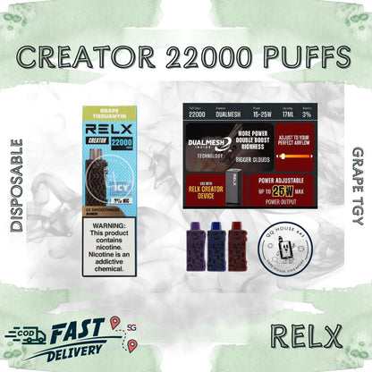 RELX Creator 22000 puffs disposable vape device packaging with Grape Tie Guan Yin flavor from SG VAPE HOUSE QQ 443.