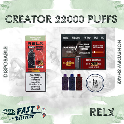 RELX Creator 22000 puffs disposable vape device packaging with honeydew sahke flavor from SG VAPE HOUSE QQ 443.