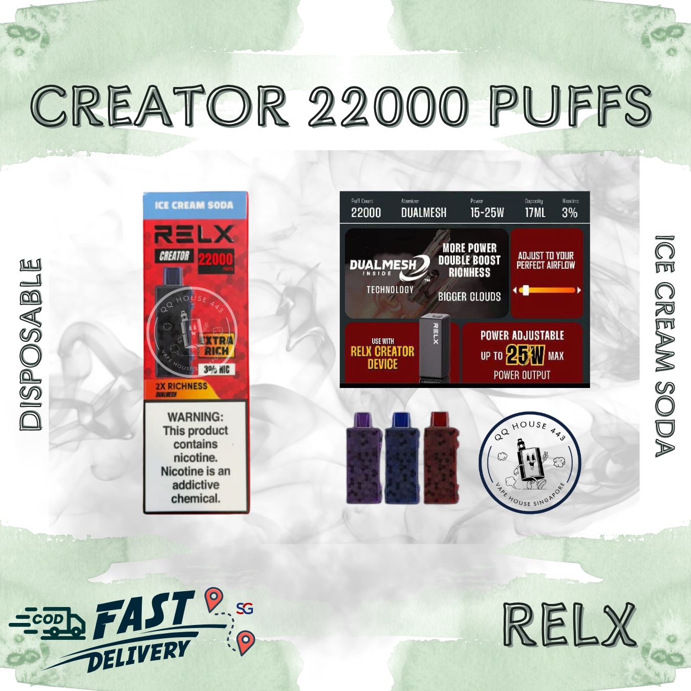 RELX Creator 22000 puffs disposable vape device packaging with ice cream soda flavor from SG VAPE HOUSE QQ 443.