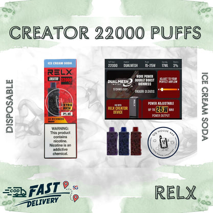 RELX Creator 22000 puffs disposable vape device packaging with ice cream soda flavor from SG VAPE HOUSE QQ 443.