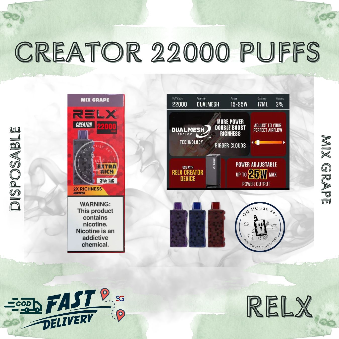 RELX Creator 22000 puffs disposable vape device packaging with mix grape  flavor from SG VAPE HOUSE QQ 443.