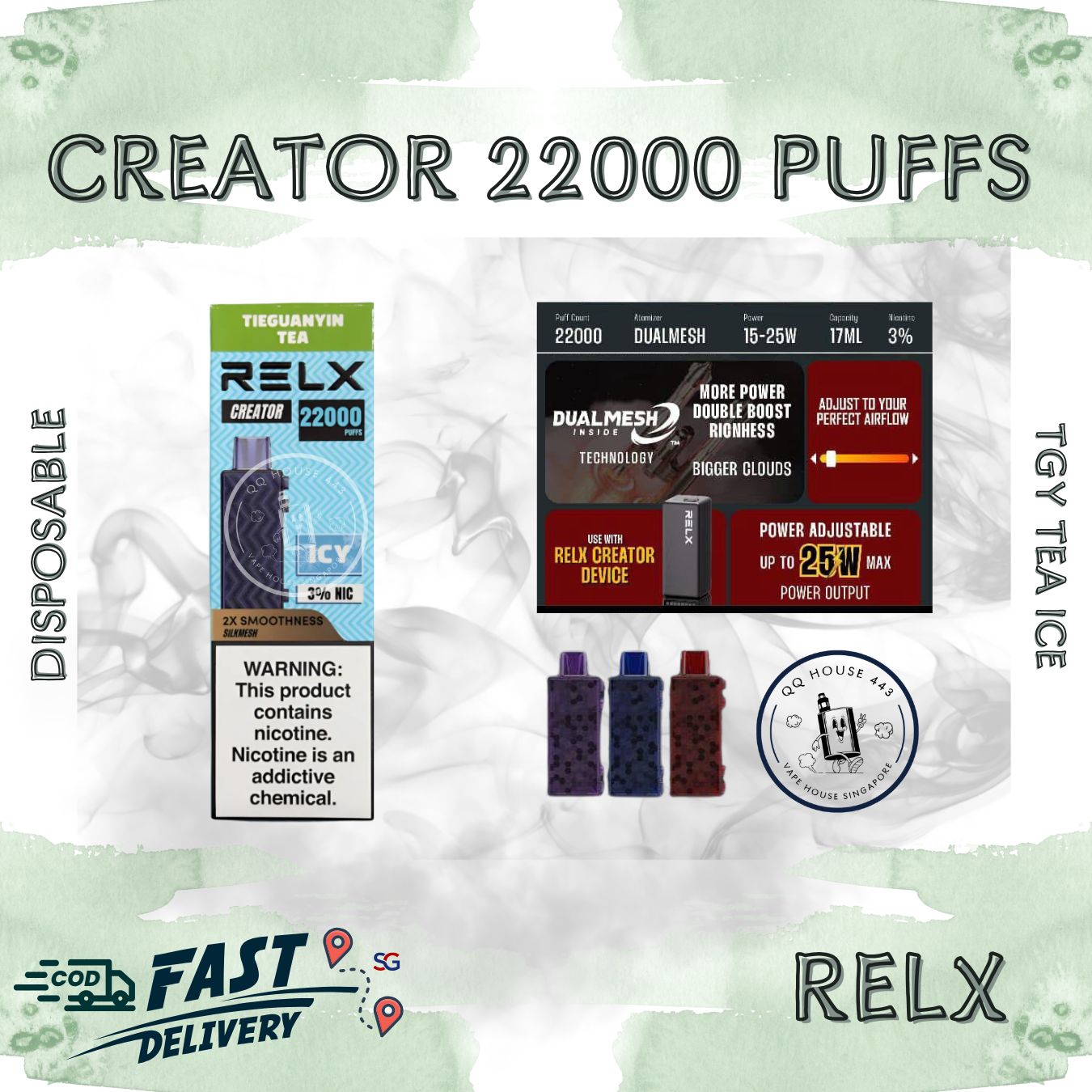 RELX Creator 22000 puffs disposable vape device packaging with tie guan yin ice flavor from SG VAPE HOUSE QQ 443.