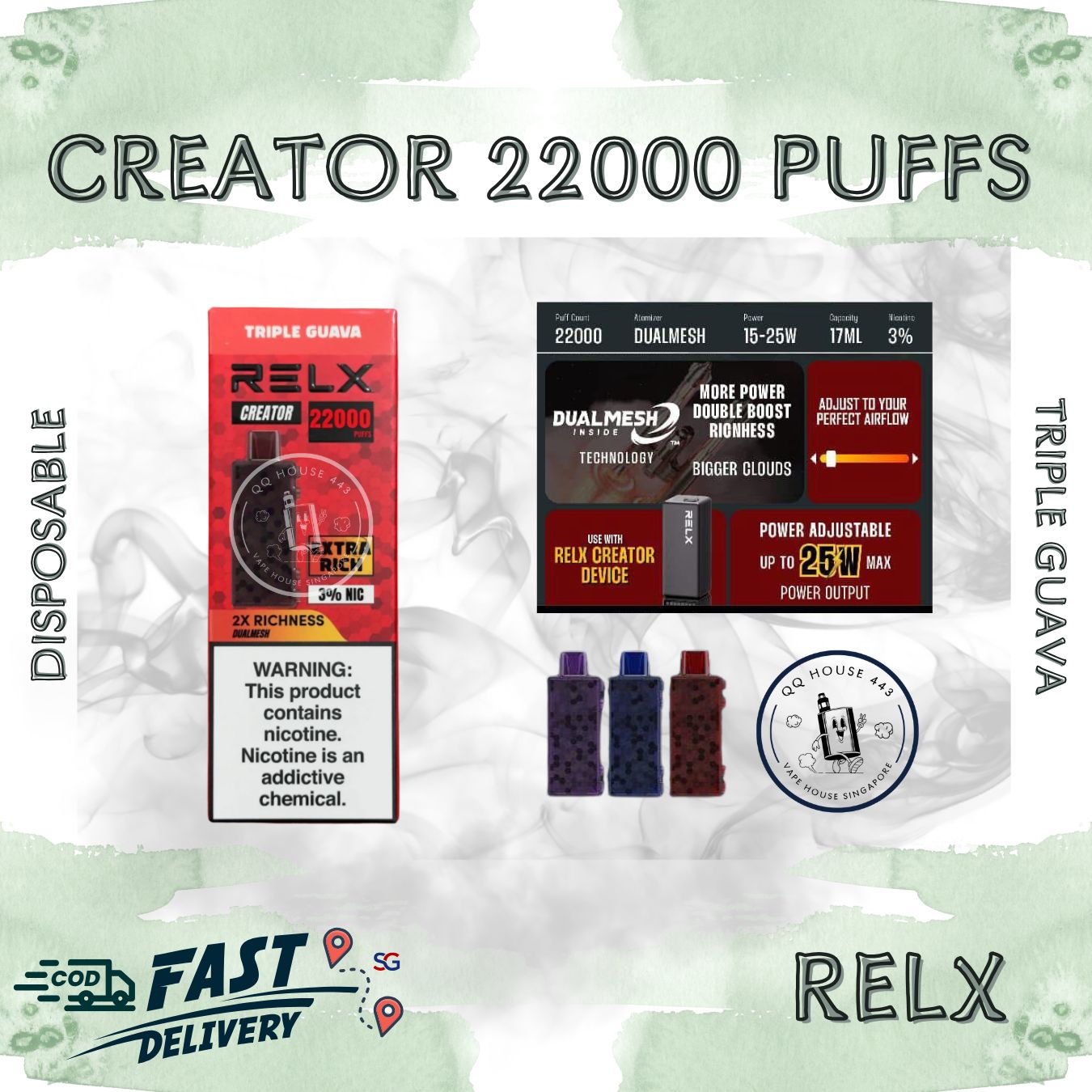 RELX Creator 22000 puffs disposable vape device packaging with triple guava flavor from SG VAPE HOUSE QQ 443.