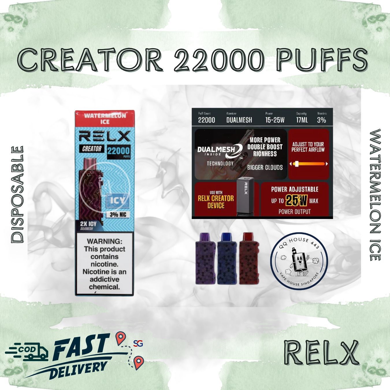 RELX Creator 22000 puffs disposable vape device packaging with watermelon ice flavor from SG VAPE HOUSE QQ 443.
