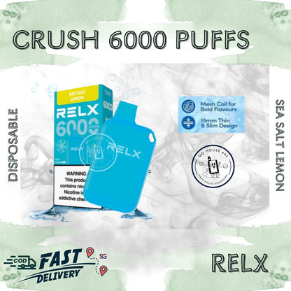 RELX disposable device packaging with 'Crush 6000 Puffs' | Buy in Singapore | SG Vape House QQ 443
