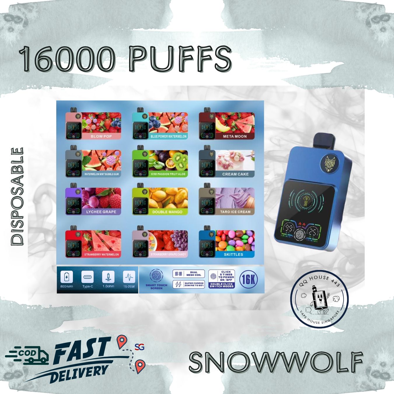 Disposable vape with flavor options on a light gray background, featuring Snowwolf 16000 from SG VAPE HOUSE QQ 443