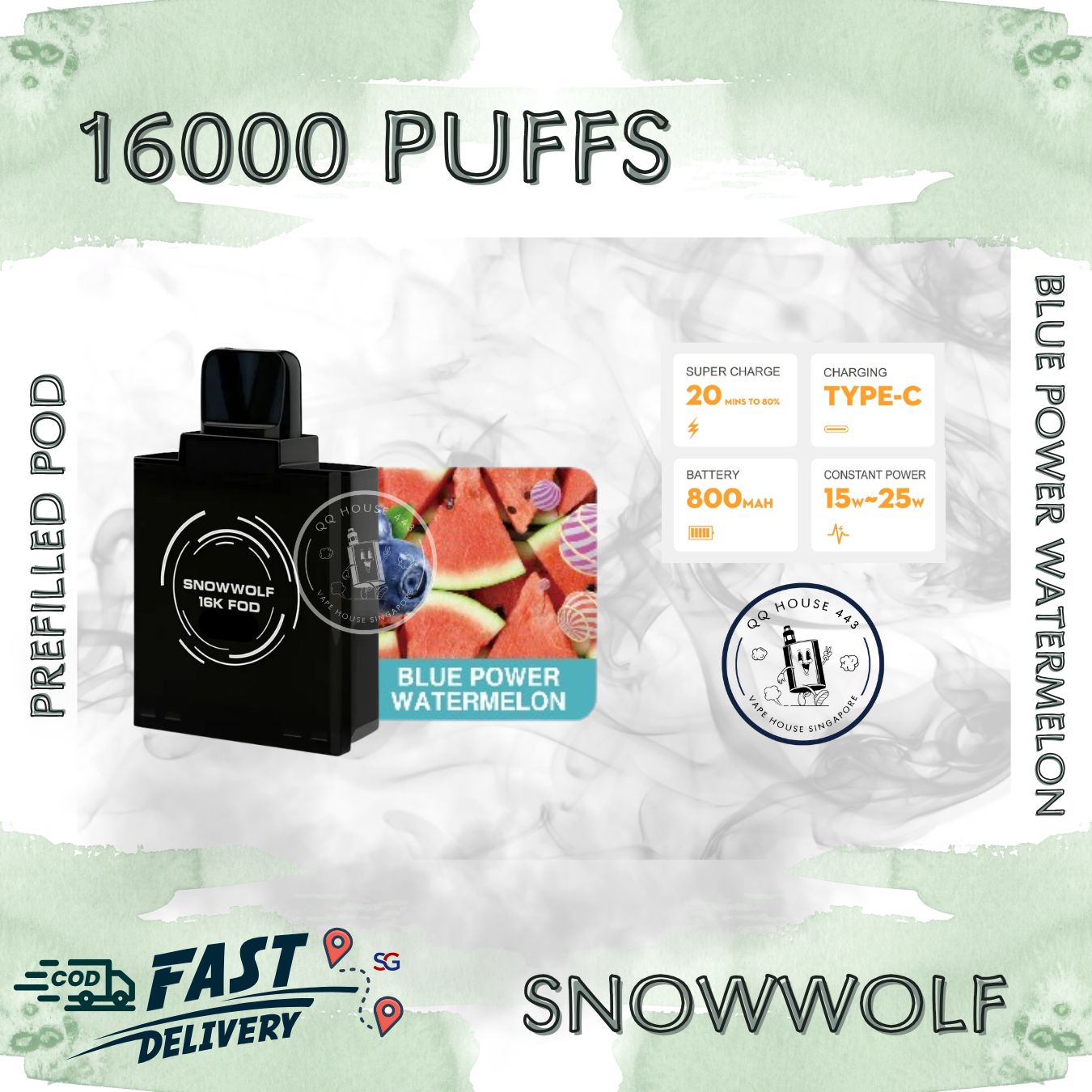 Snowwolf vape pod 16000 puffs, blue power watermelon flavour | Buy from SG VAPE HOUSE QQ 443