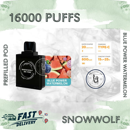 Snowwolf vape pod 16000 puffs, blue power watermelon flavour | Buy from SG VAPE HOUSE QQ 443