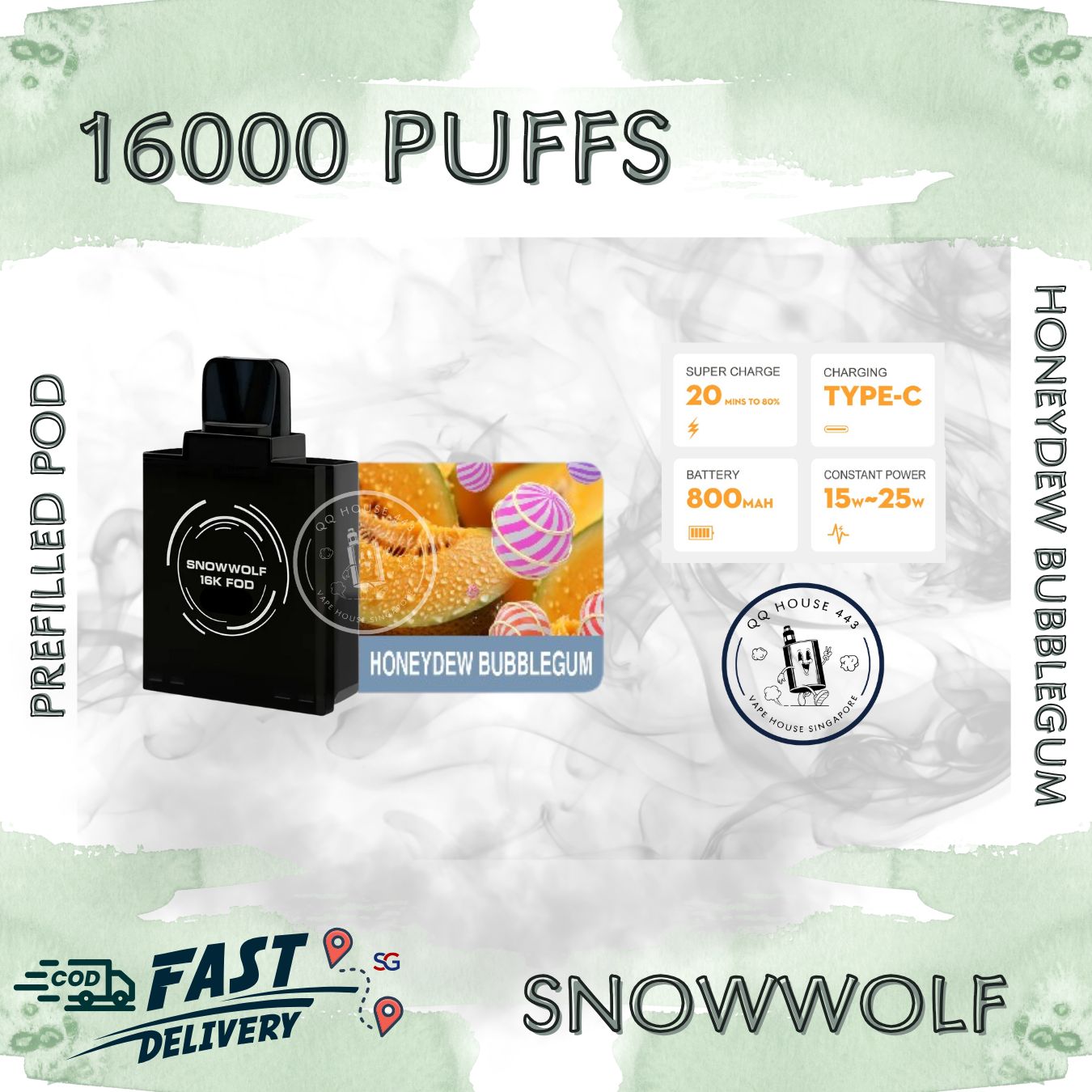 Snowwolf vape pod 16000 puffs, honeydew bubblegum flavour | Buy from SG VAPE HOUSE QQ 443