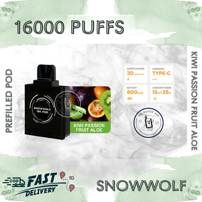 Snowwolf vape pod 16000 puffs, kiwi passion fruit aloe flavour | Buy from SG VAPE HOUSE QQ 443