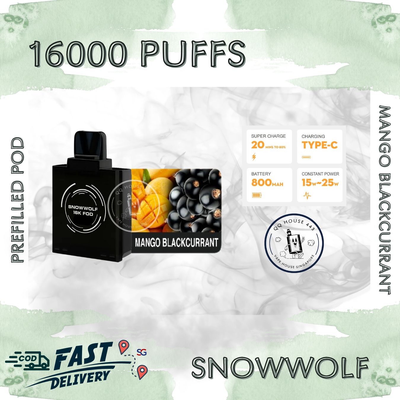 Snowwolf vape pod 16000 puffs, mango blackcurrant flavour | Buy from SG VAPE HOUSE QQ 443