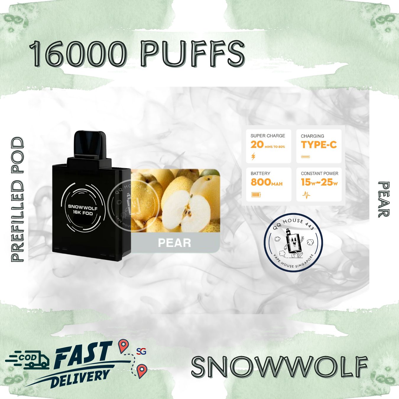 Snowwolf vape pod 16000 puffs, pear flavour | Buy from SG VAPE HOUSE QQ 443