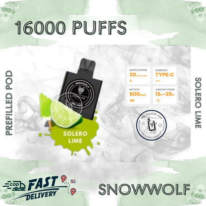 Snowwolf vape pod 16000 puffs, solero lime flavour | Buy from SG VAPE HOUSE QQ 443