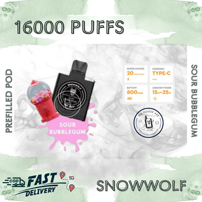 Snowwolf vape device with packaging featuring '16000 Puffs' and 'Sour Bubblegum' flavor | buy vape from SG VAPE HOUSE QQ 443