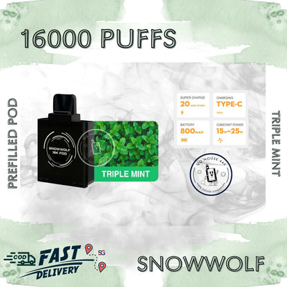Snowwolf vape pod 16000 puffs, triple mint flavour | Buy from SG VAPE HOUSE QQ 443