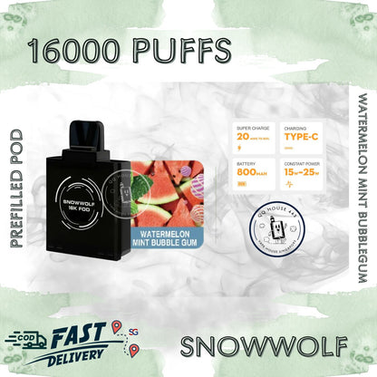 Snowwolf vape pod 16000 puffs, watermelon mint bubblegum flavour | Buy from SG VAPE HOUSE QQ 443