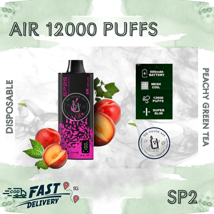 SP2 Air 12000 Peachy Green Tea vape from SG Vape House QQ 443, smooth nicotine and long-lasting puffs