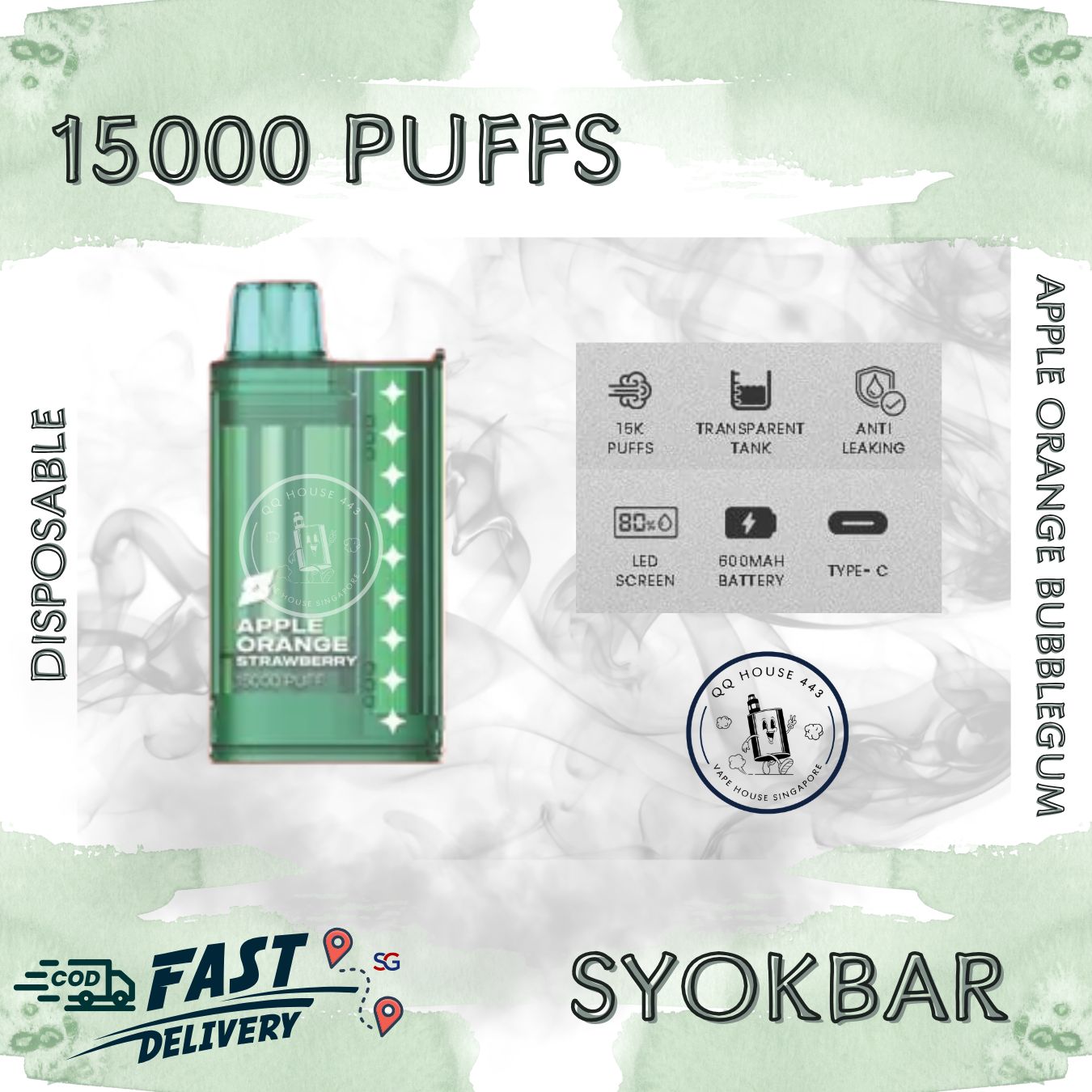 Syokbar 15000 disposable vape – Apple Orange Bubblegum – Buy in Singapore | SG Vape House QQ 443