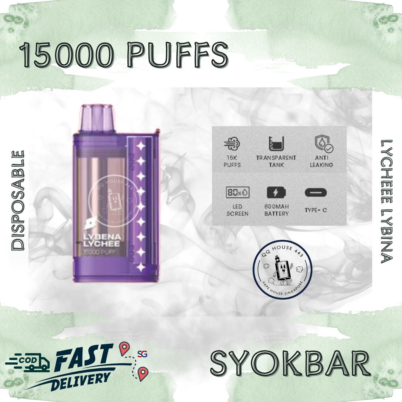 Syokbar 15000 disposable vape – Lychee Lybena – Buy in Singapore | SG Vape House QQ 443