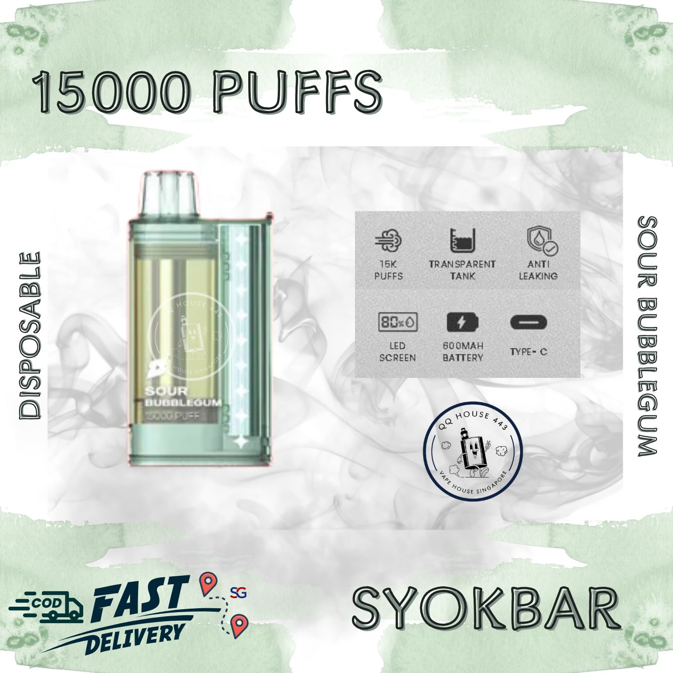 Syokbar 15000 disposable vape – Sour bubblegum – Buy in Singapore | SG Vape House QQ 443