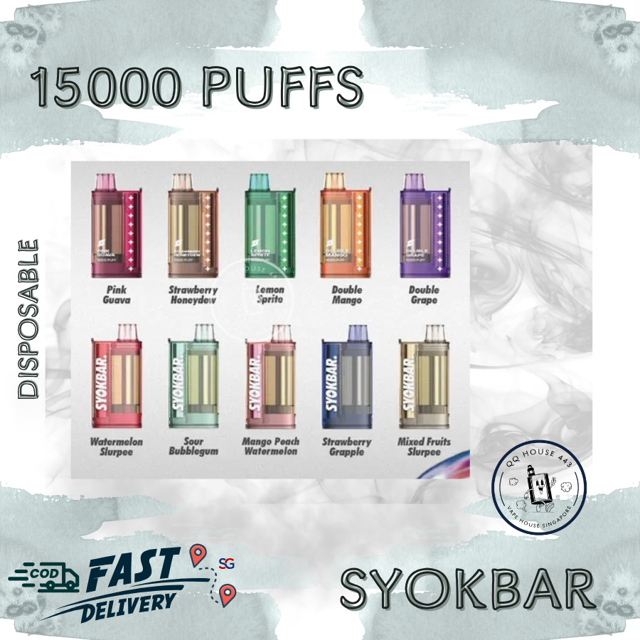 SYOKBAR 15000 disposable vape devices with various flavors sold by SG VAPE HOUSE QQ 443